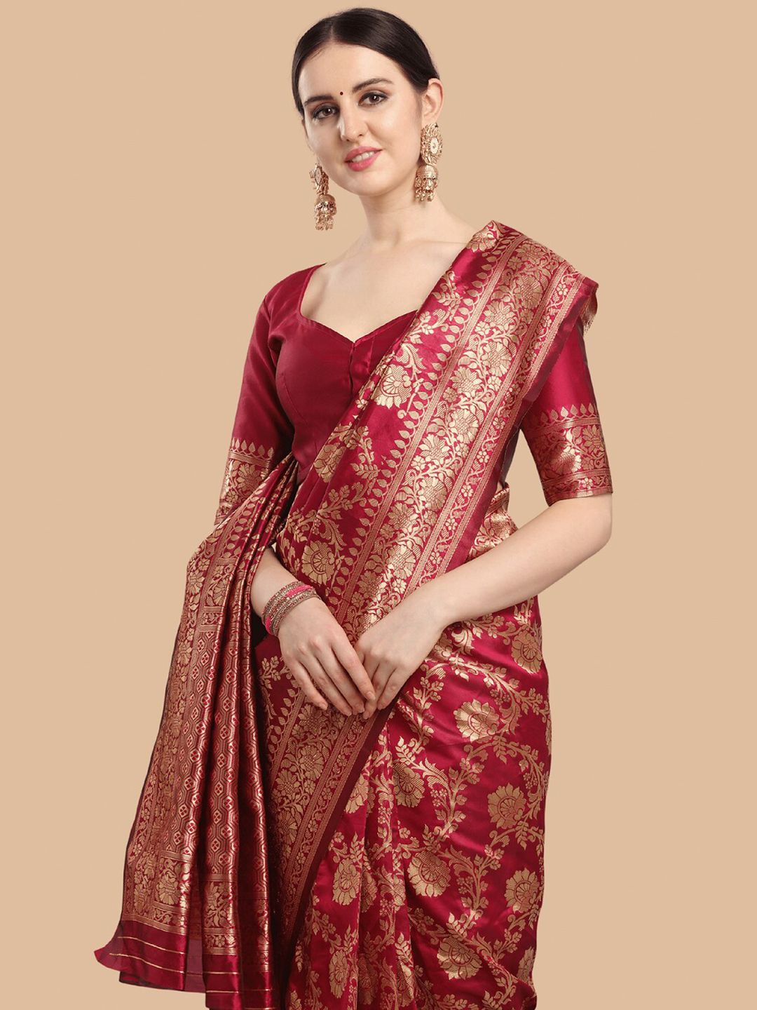 KALINI Maroon & Gold Ethnic Motifs Zari Silk Blend Banarasi Saree