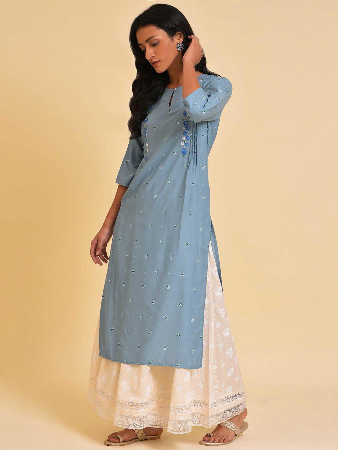 W Blue Floral Embroidered Keyhole Neck Thread Work Kurta