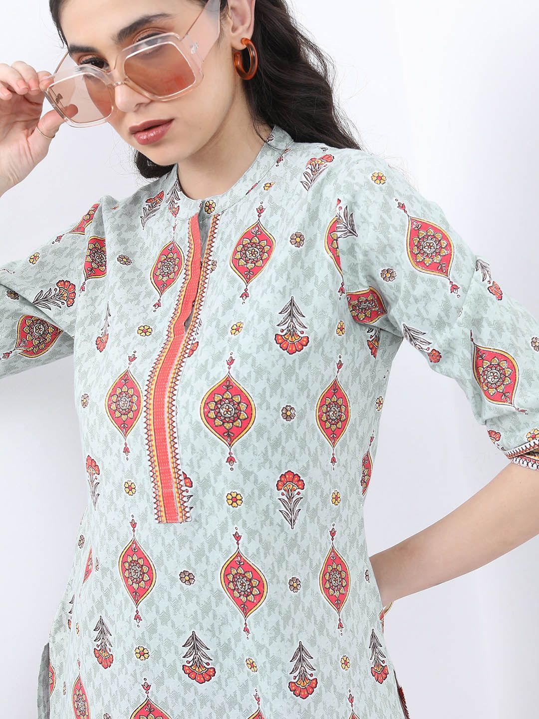 Vishudh Ethnic Motif Printed Band Collar Pure Cotton Kurta