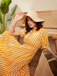Berrylush Yellow Striped Tie-Up Neck Puff Sleeves Gathered Tiered Fit & Flare Midi Dress