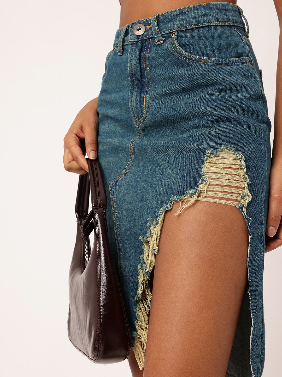 DressBerry Women City Edge High Rise Ripped Denim Faded Asymmetric A-Line Skirt