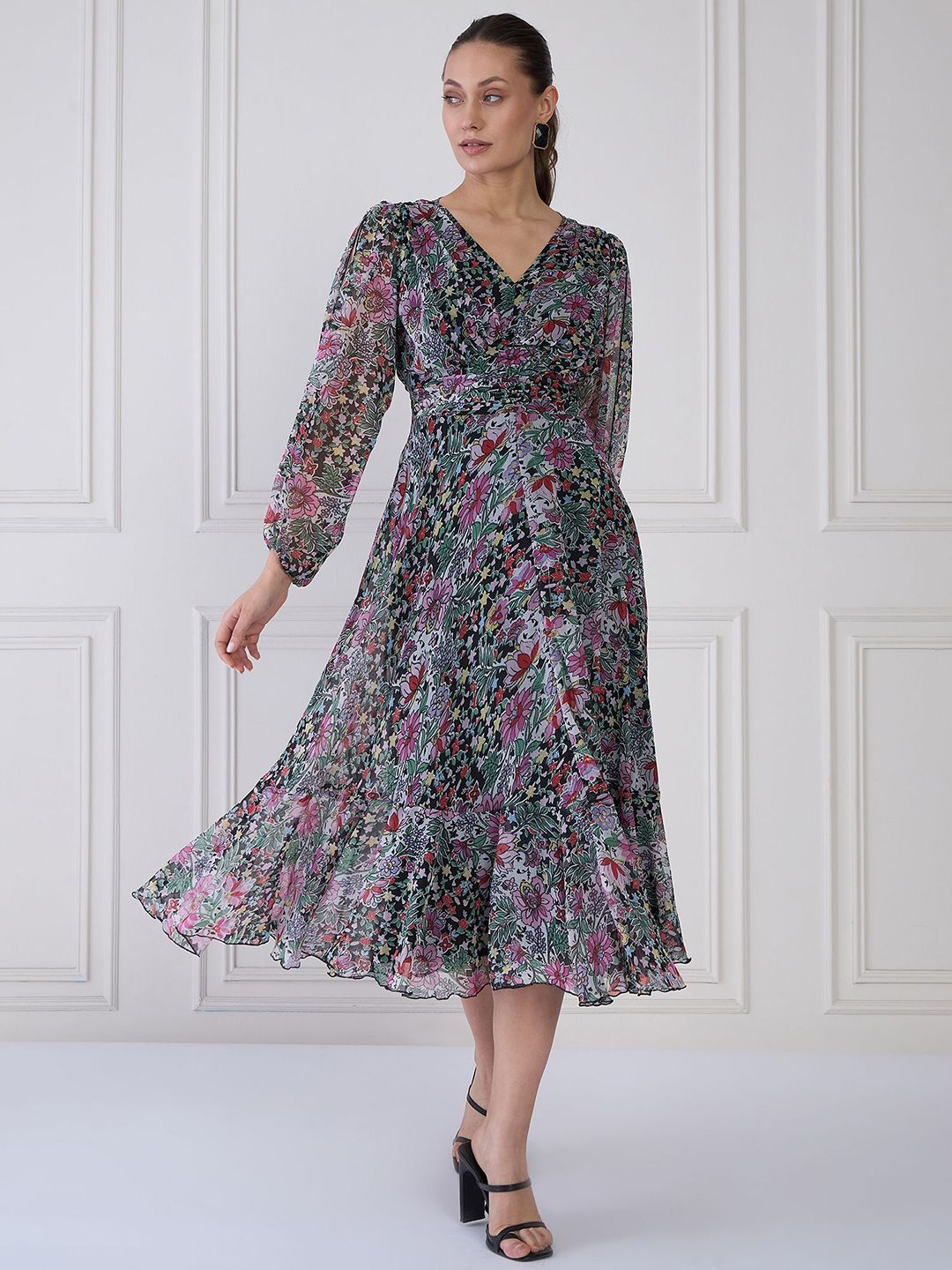 Antheaa Floral Print Chiffon Midi Fit and Flare Dress