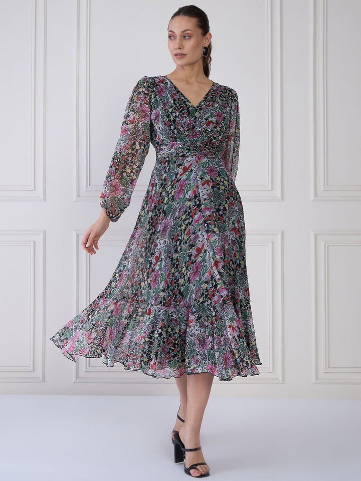 Antheaa Floral Print Chiffon Midi Fit and Flare Dress