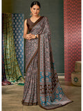 Saree mall Brown & Teal Ajrak Poly Crepe Block Print Sarees