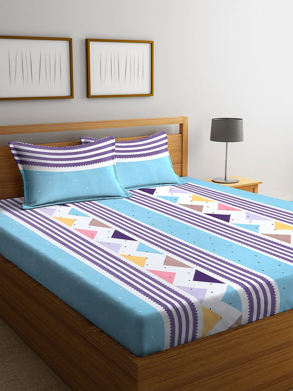 KLOTTHE Blue & Purple Printed 300 TC Double King Bedsheet With 2 Pillow Covers