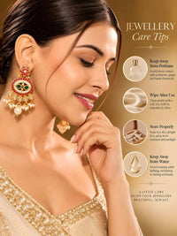 Gold-Toned Multi-Coloured Kundan Beaded Pearl Drop Earrings