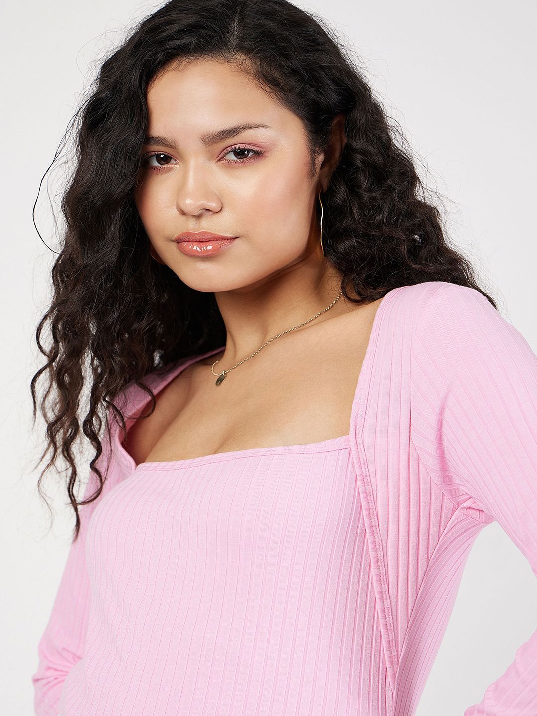 SASSAFRAS Pink Ribbed Square Neck Top