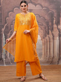 Vishudh Yellow Floral Embroidered Mirror Work Straight Kurta with Palazzo & Dupatta
