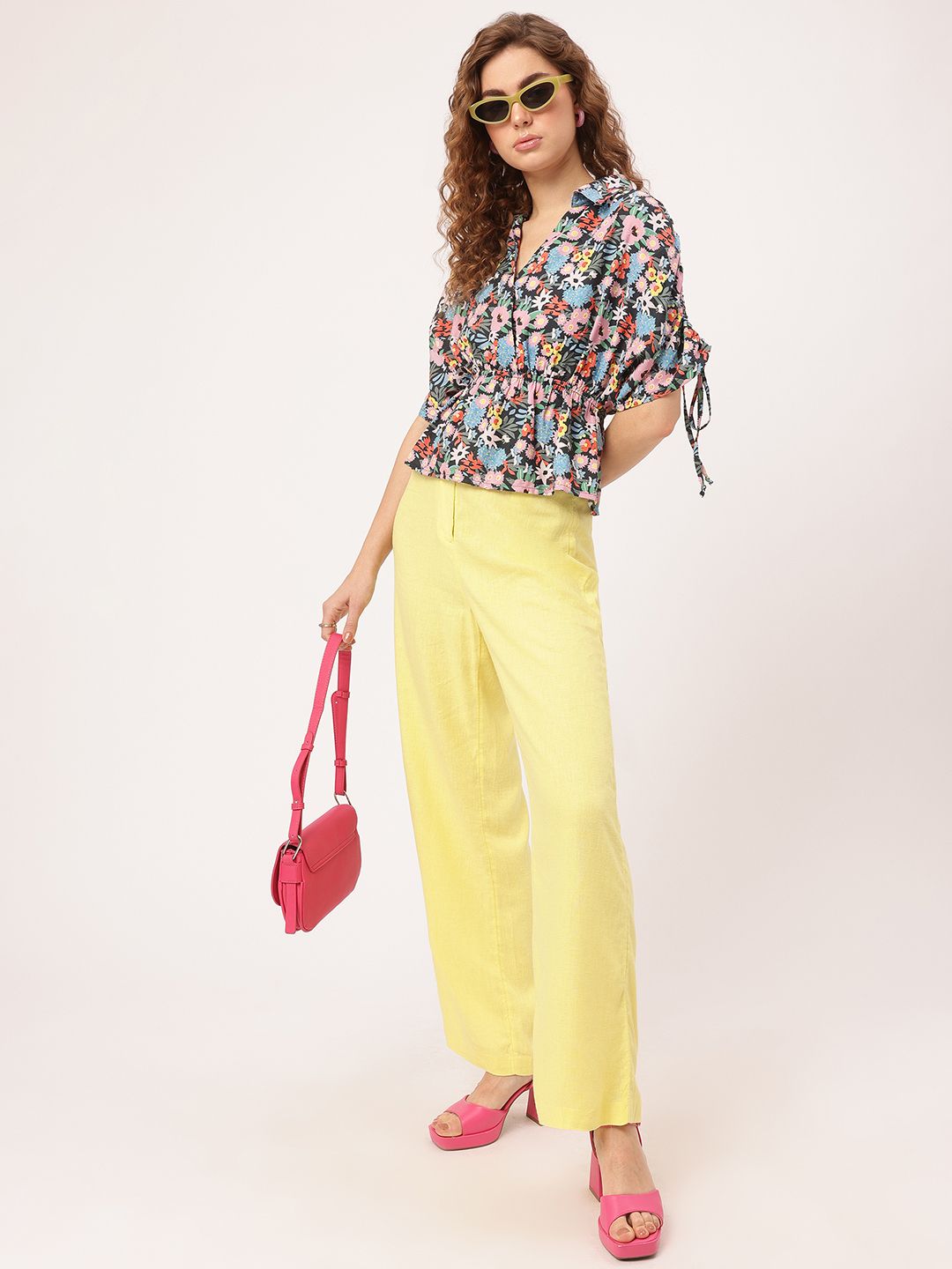 DressBerry Floral Allure Printed Dobby Weave Cinched Waist Top