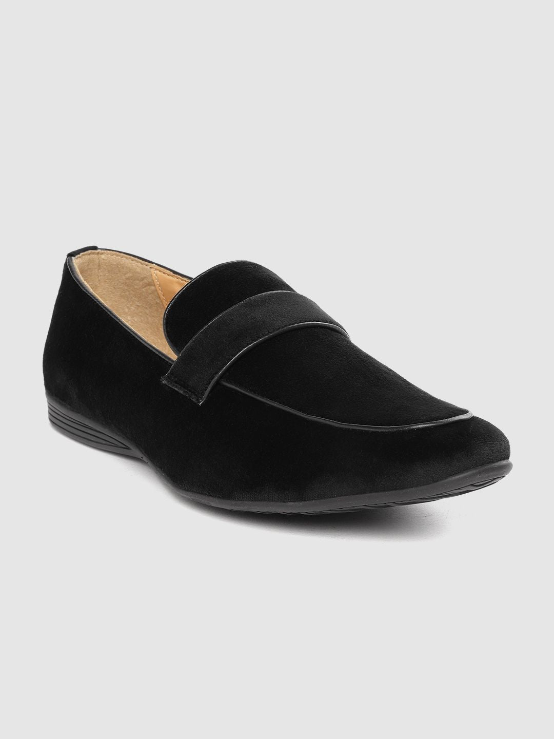 House of Pataudi Men Black Velvet Finish Handcrafted Slip-Ons