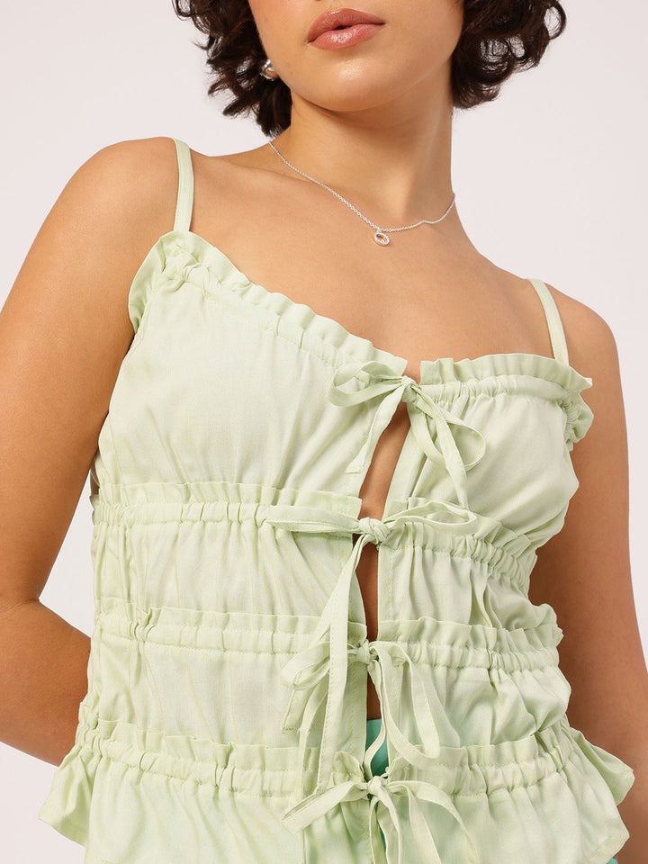 DressBerry Flirty Tie-Up Bows Ruffled Smocked Top