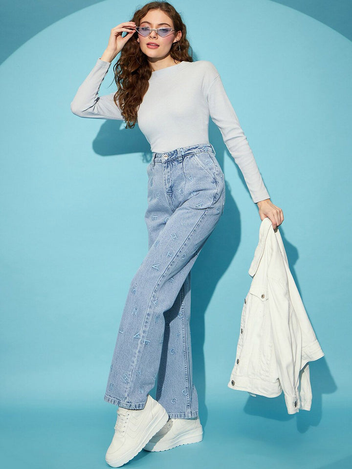 STREET 9 Women Blue Embroidered Clean Look Straight Fit High-Rise Pure Cotton Jeans