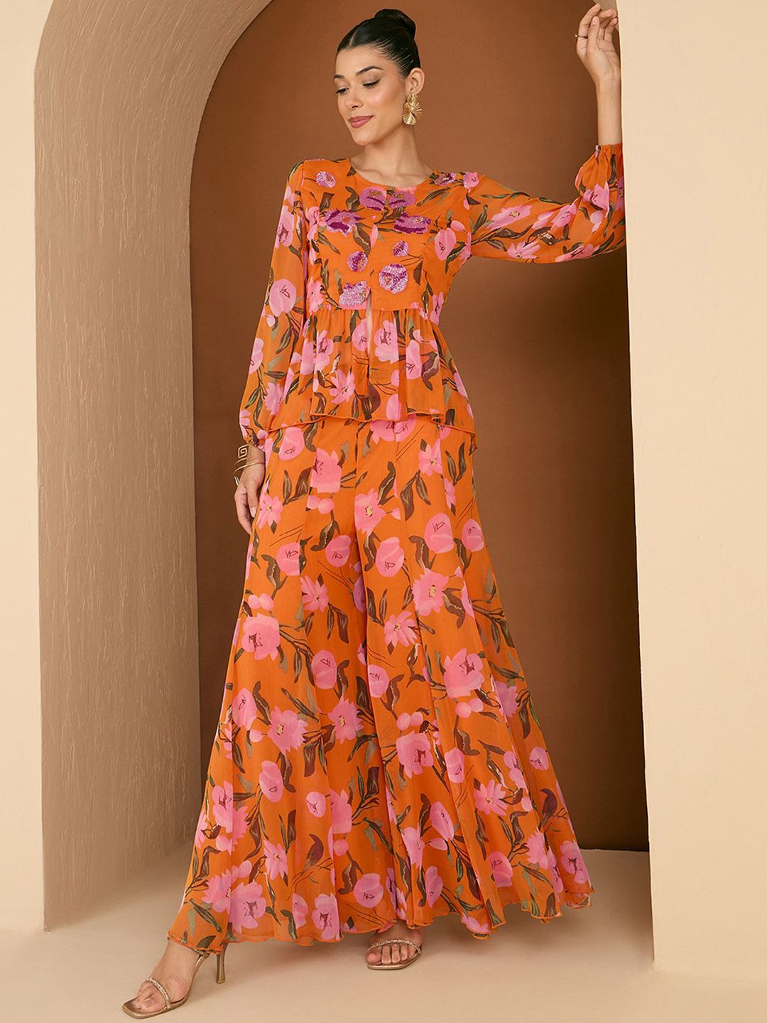 Antheaa Printed Embellished Round Neck Top With Palazzos