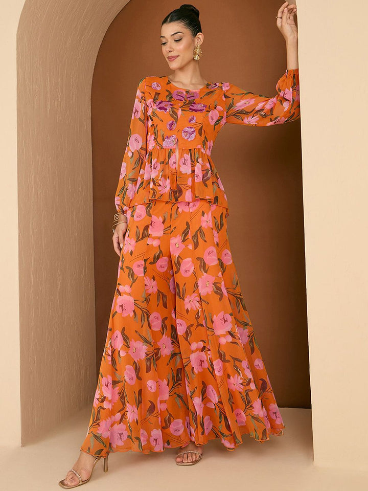 Antheaa Printed Embellished Round Neck Top With Palazzos