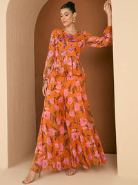 Antheaa Printed Embellished Round Neck Top With Palazzos