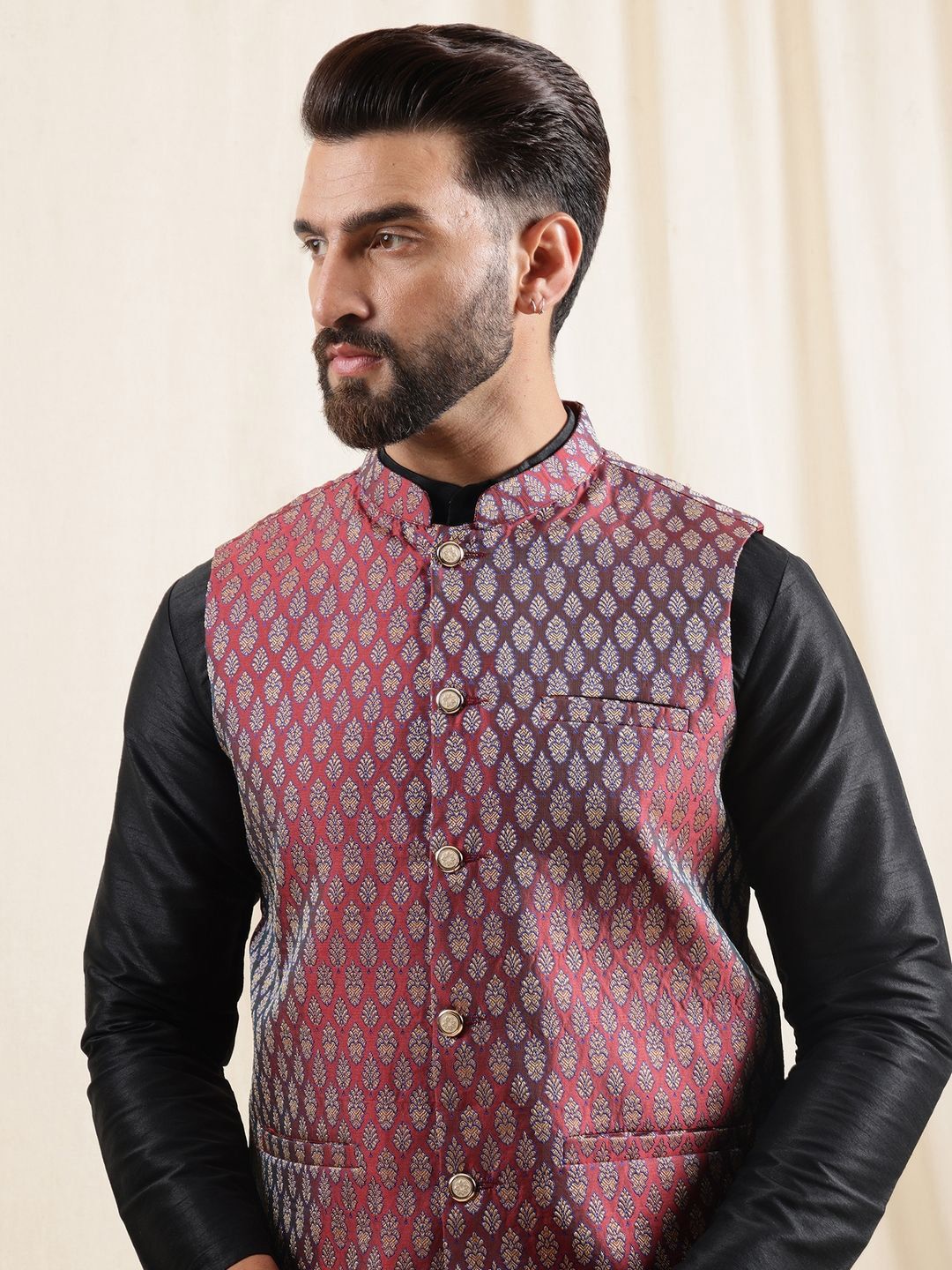 Anouk Men Mandarin Collar Kurta with Pyjamas With Woven Maroon Nehru Jacket