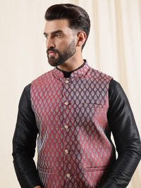 Anouk Men Mandarin Collar Kurta with Pyjamas With Woven Maroon Nehru Jacket