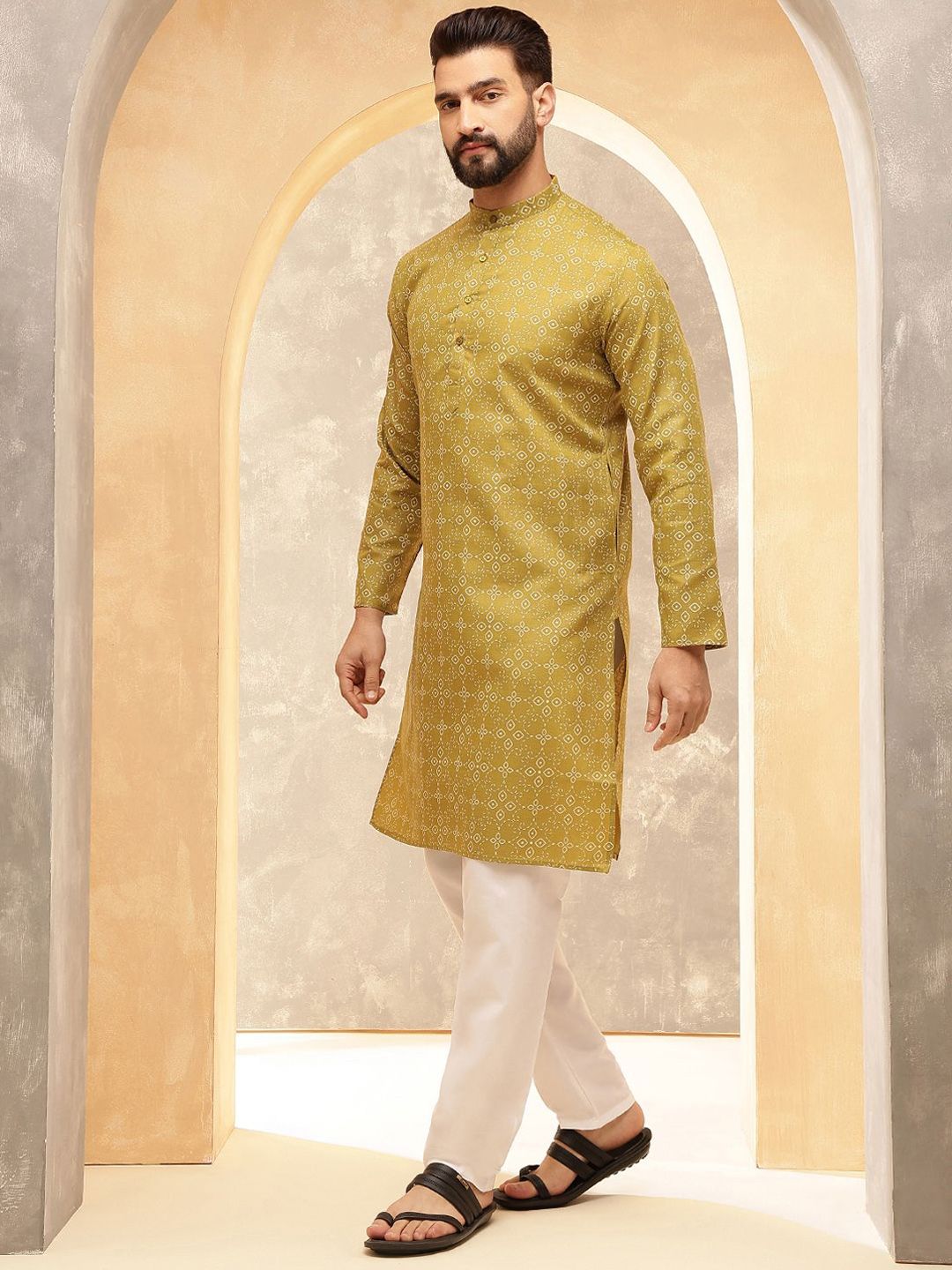 Anouk Yellow Ethnic Motifs Printed Band Collar Straight Kurta