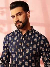 Anouk Ethnic Motifs Printed Band Collar Ikat Technique Cotton Linen Straight Kurta