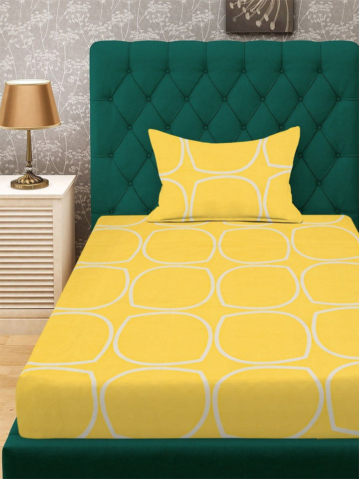 Yellow & White Geometric Printed Flat 300 TC Single Bedsheet With Pillow Cover