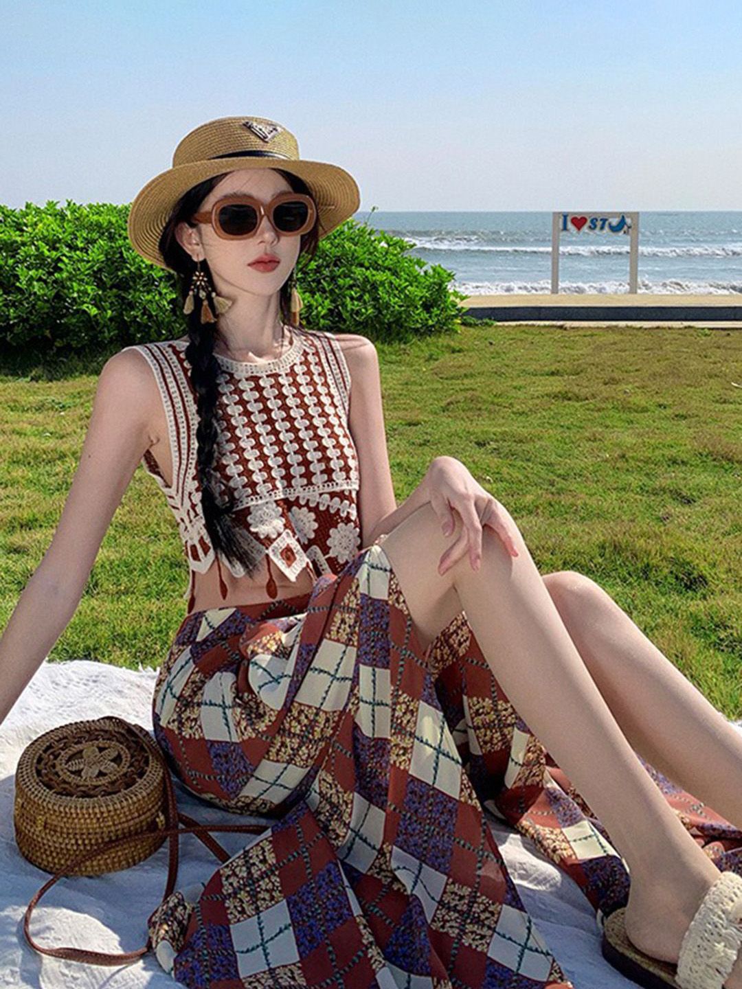 DressBerry Embroidered Round Neck Crop Top With Printed Maxi Skirt Co-Ords