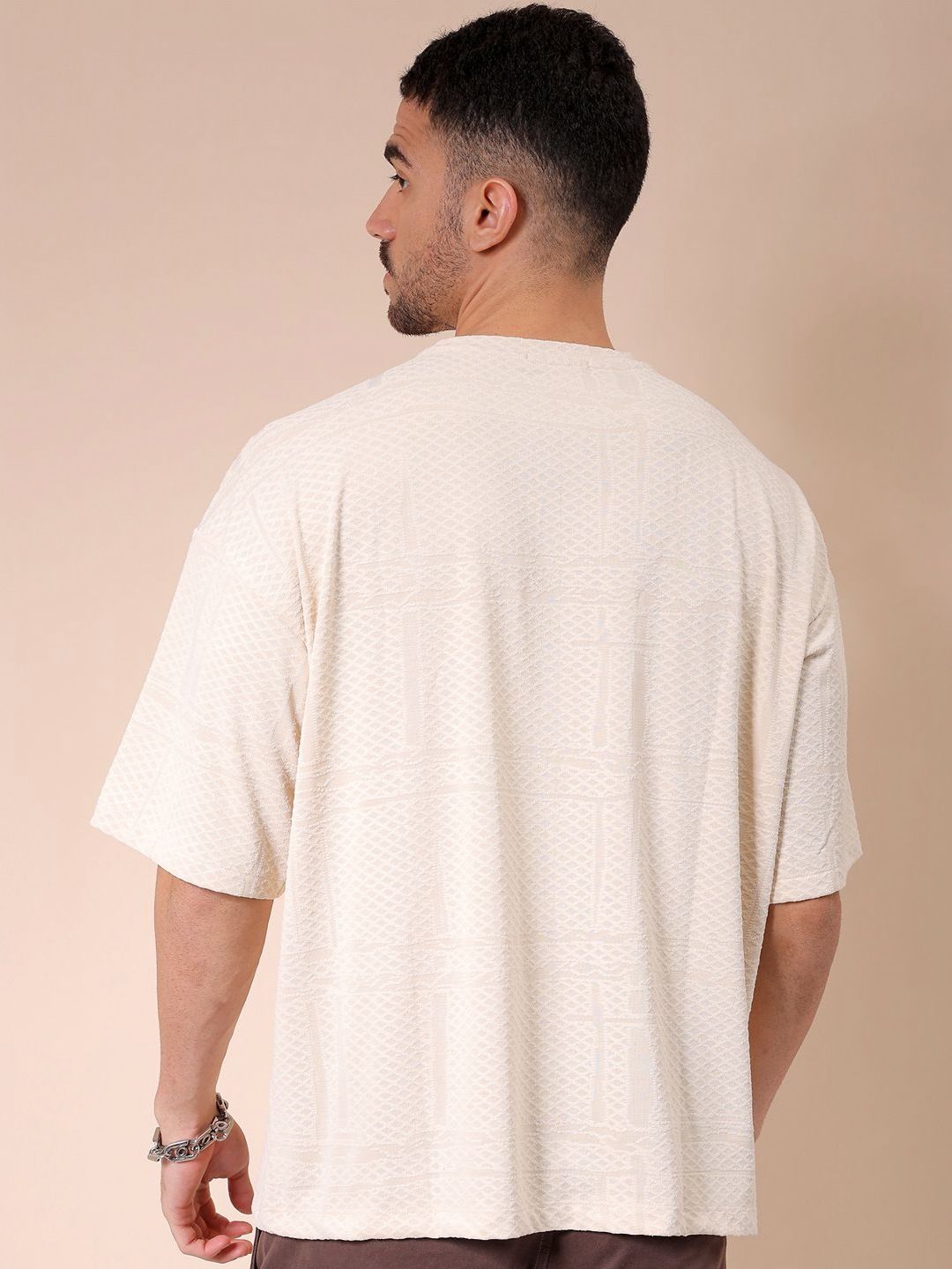 The Indian Garage Co Men Self Design Round Neck Oversized T-shirt