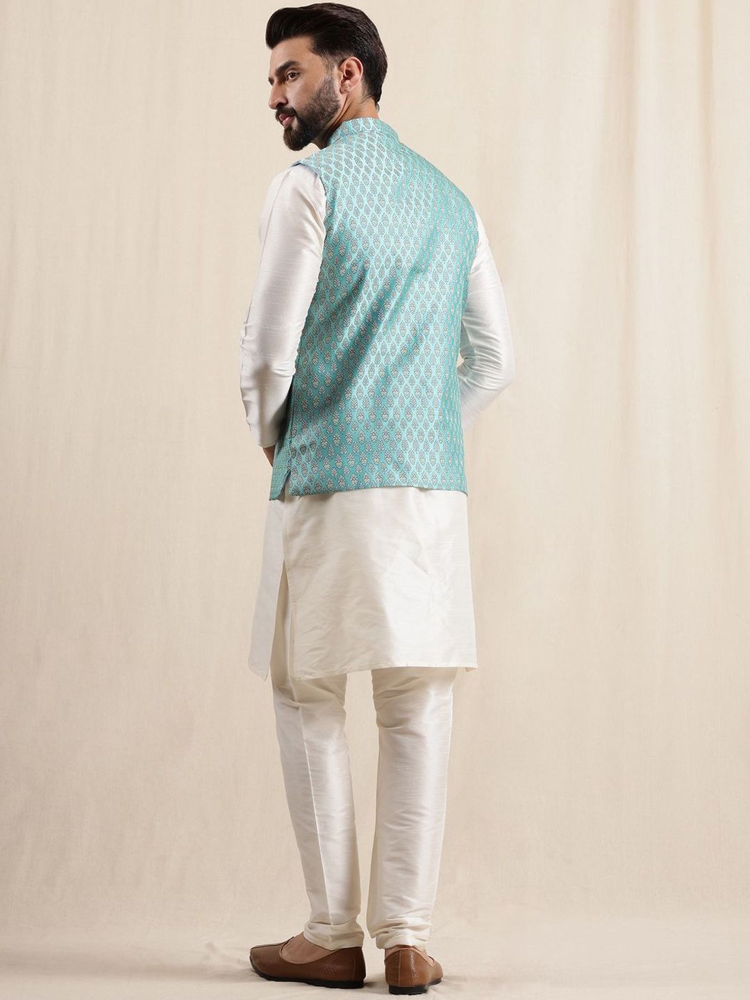 Anouk Men Kurta with Pyjamas with Woven Design Blue Nehru Jacket