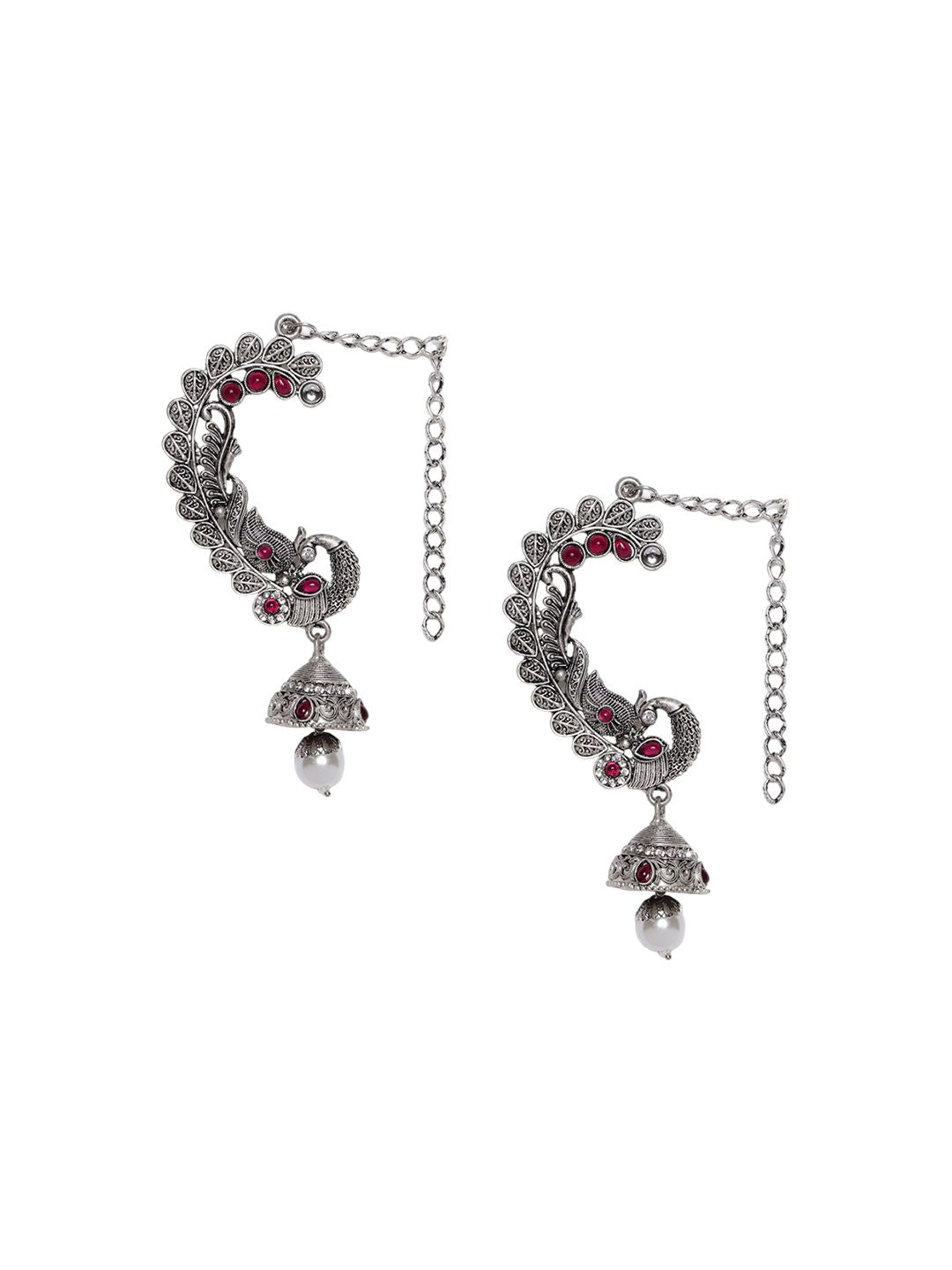 PANASH Silver Plated Kundan Studded Peacock Shaped Ear Cuffs Jhumka Earrings