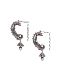 PANASH Silver Plated Kundan Studded Peacock Shaped Ear Cuffs Jhumka Earrings