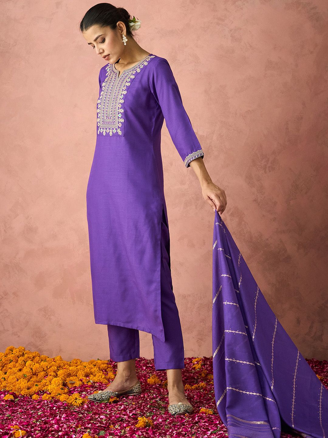 KALINI Ethnic Motifs Embroidered Straight Kurta With Trousers & Dupatta