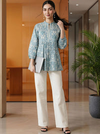 Mamicha Print Mandarin Collar Bishop Sleeves Cotton Top