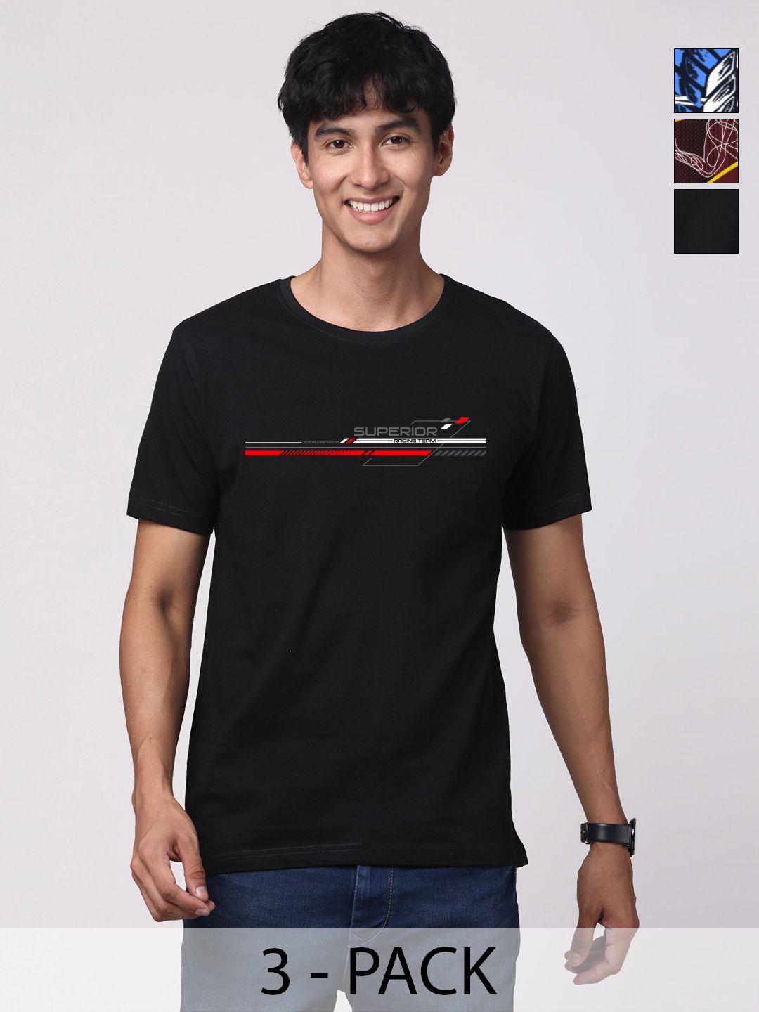 Pek ADRO Lelaki dengan 3 T-shirt Kapas Leher Bulat Bercetak Grafik