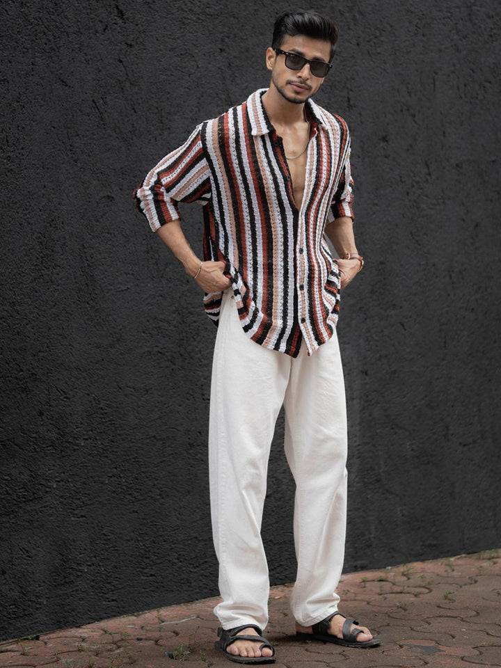 Powerlook Men Spread Collar Vertical Striped Casual Shirt