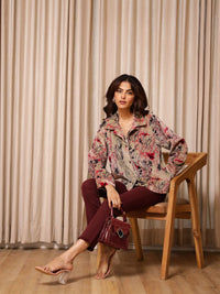 SANSKRUTIHOMES Women Lapel Collar Floral Printed Velvet Casual Tailored Jacket
