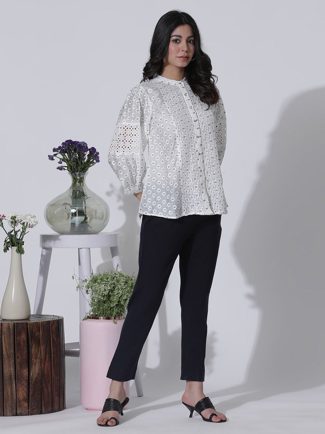 W Geometric Print Mandarin Collar Puff Sleeve Shirt Style Top