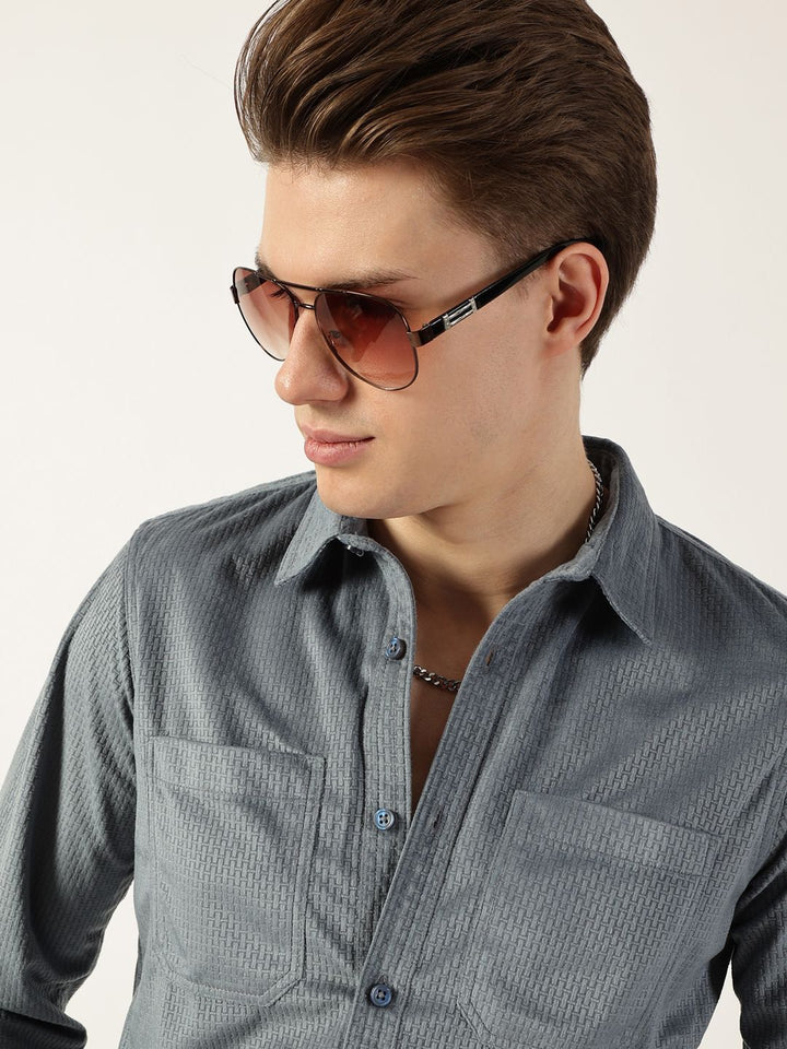 Thomas Scott Men Classic Spread Collar Textured Solid Slim Fit Casual Shirt