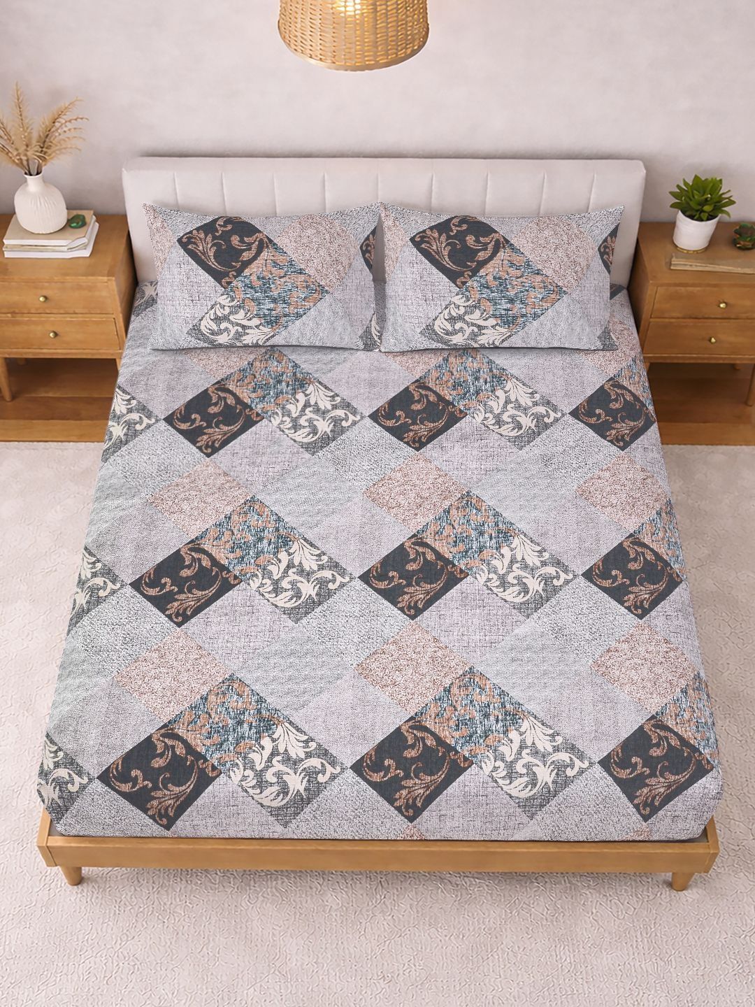 KLOTTHE Grey Geometric 300 TC King  Bedsheets