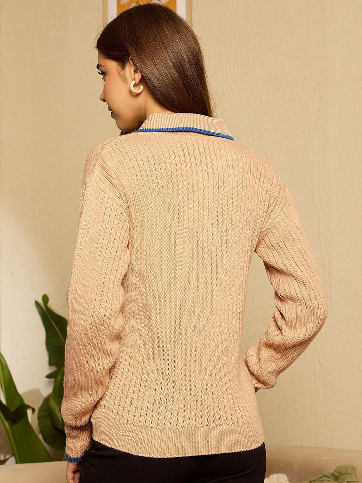 Berrylush Women Ribbed Shirt Collar Pullover Sweater