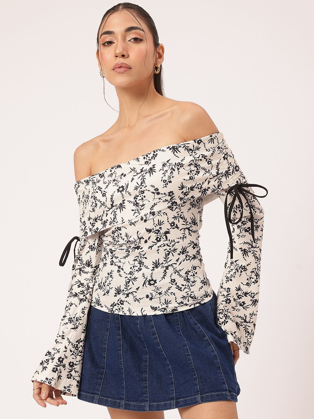 DressBerry Floral Femme Off-Shoulder Bow Detail Bardot Top