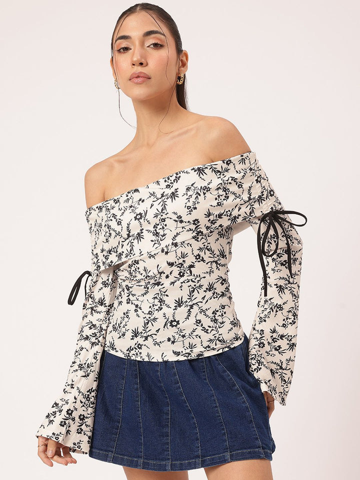 DressBerry Floral Femme Off-Shoulder Bow Detail Bardot Top