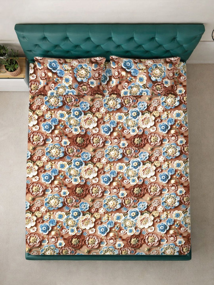 Myntra Elegant Homes Brown Floral 300 TC King Cadar dengan 2 Sarung Bantal
