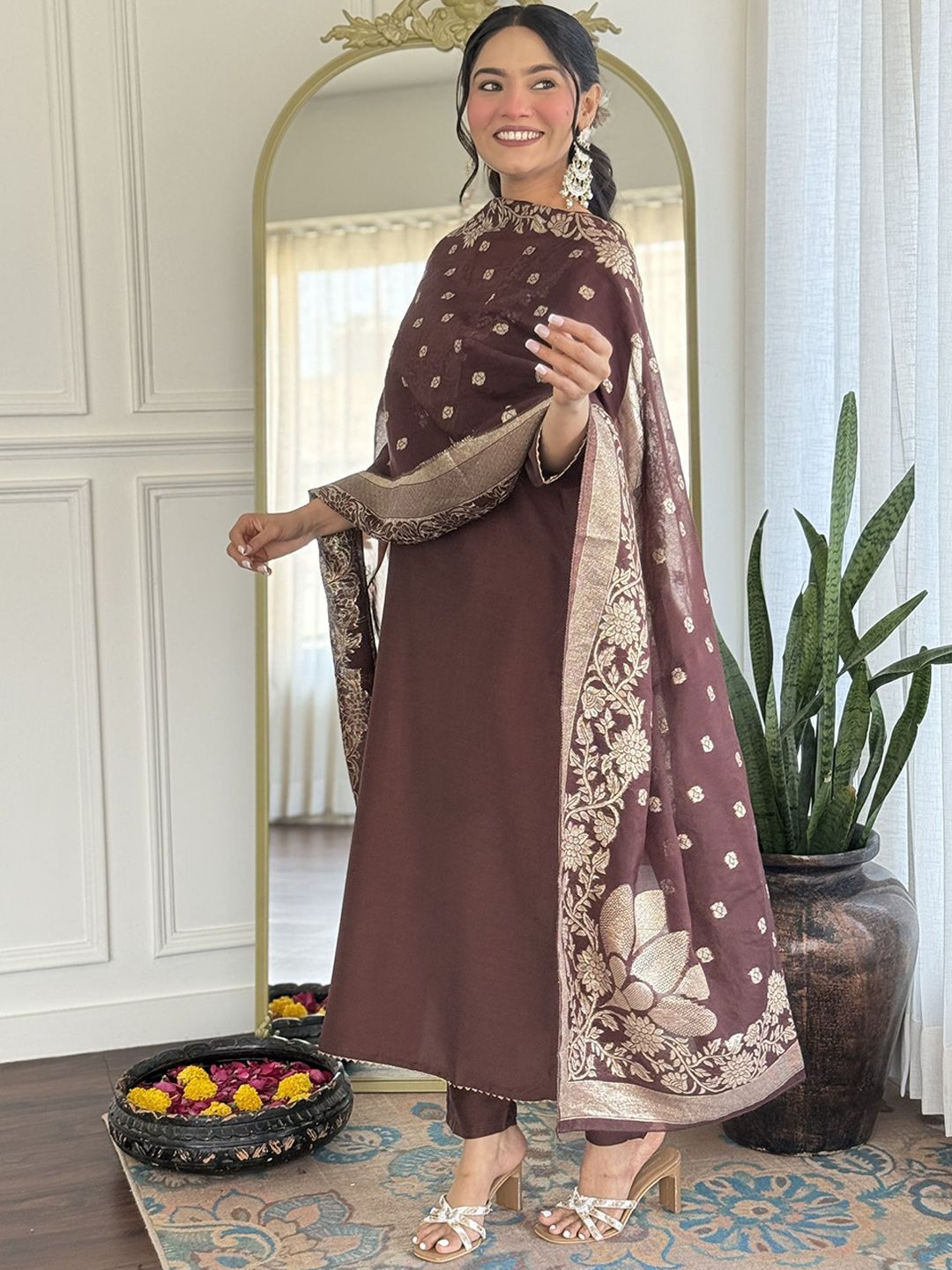 KALINI Yoke Design Sequunied Notch Neck Pure Silk Straight Kurta With Trousers & Dupatta
