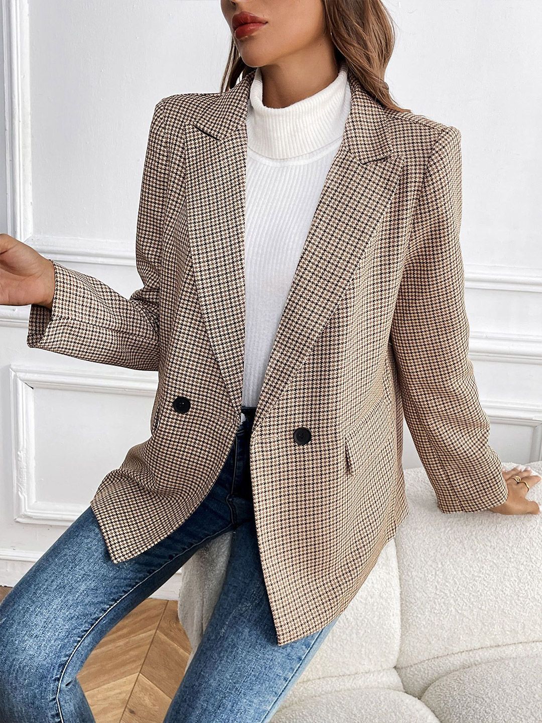 DressBerry Women Checked Lapel Collar Top