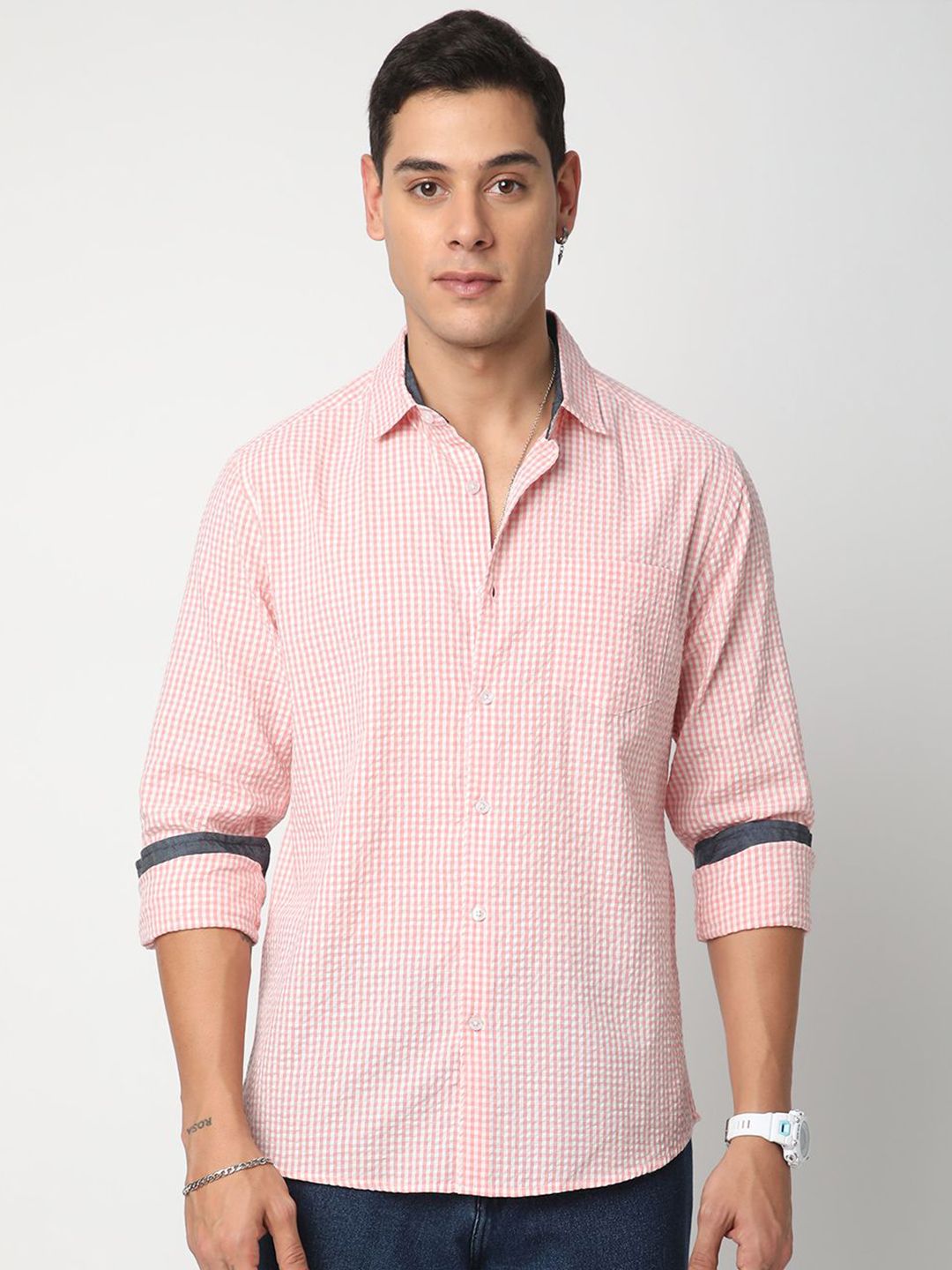VASTRADO Men Classic Spread Collar Gingham Checked Cotton Slim Fit Casual Shirt