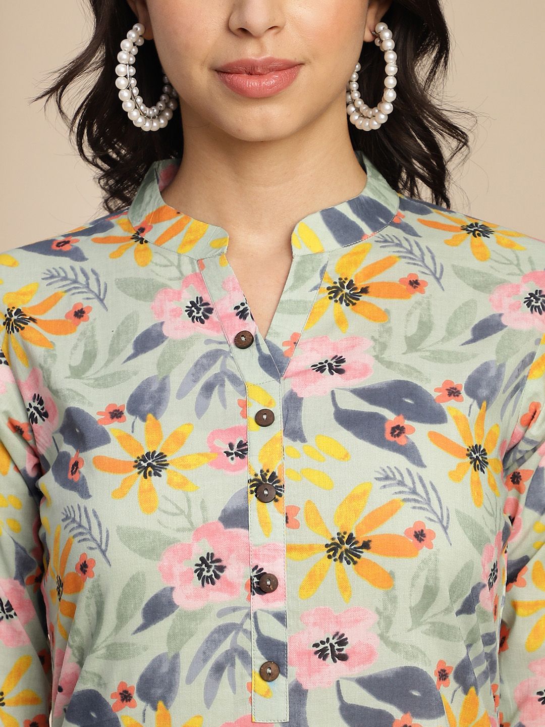 KALINI Floral Printed Pure Cotton Top With Trousers Co-Ords