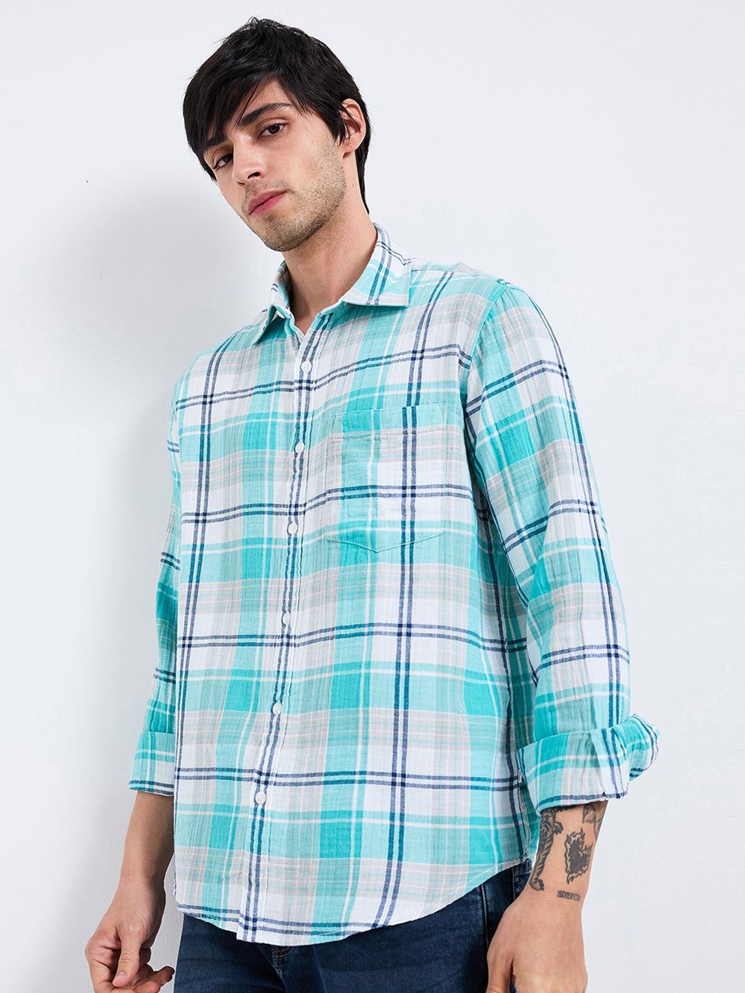 SPYKAR Men Spread Collar Tartan Checked Cotton Casual Shirt