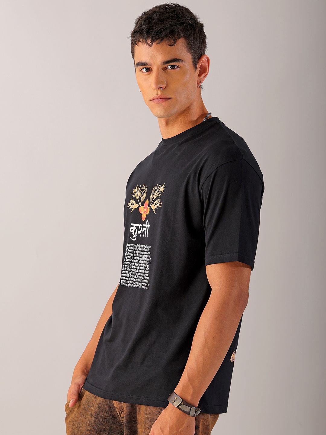The Indian Garage Co Men Back Printed Boxy Oversized Round Neck Pure Cotton T-shirt