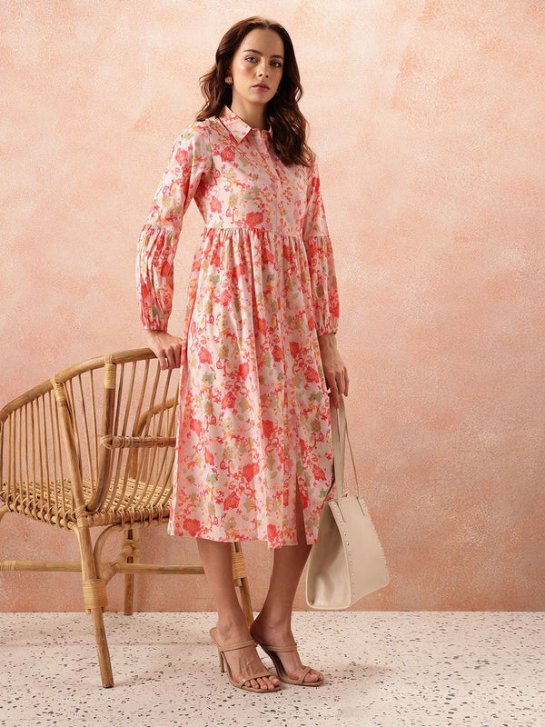 all about you Floral Print Puff Sleeve Shirt Midi Dress