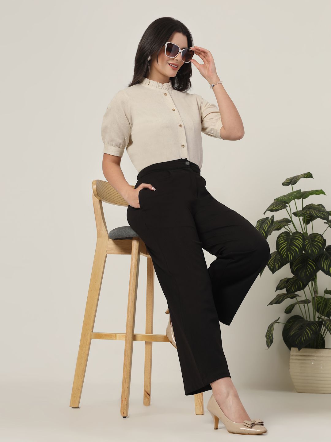 Style Quotient Women Smart Mandarin Collar Solid Cotton Formal Shirt