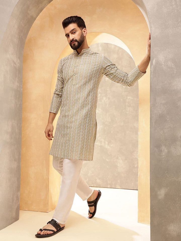 Anouk Beige Geometrik Bersulam Kolar Mandarin Kapas Tulen Kurta Lurus Dengan Piyama